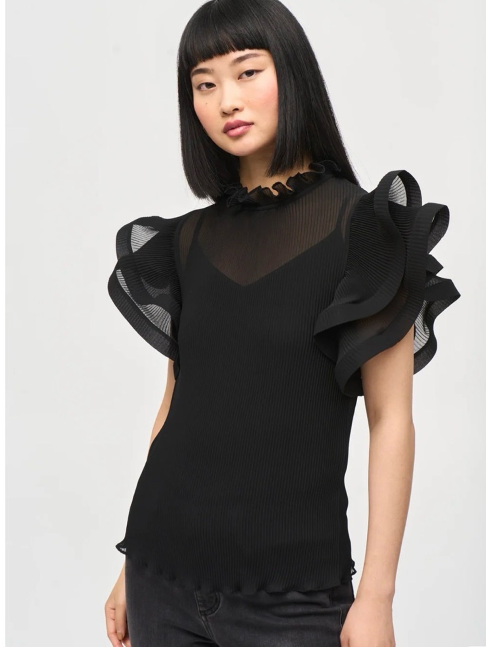 Joseph Ribkoff Women’s Black Ruffle Sleeve Sheer Yoke Top
